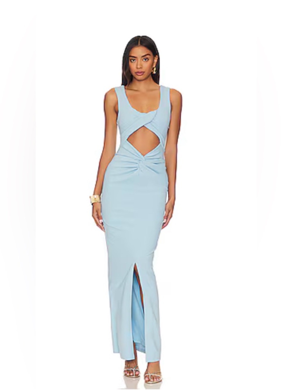 Light Blue Sleeveless Maxi Dress with Front Cutout and Twist